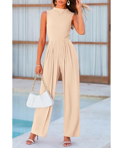 Womens Summer Jumpsuits Dressy Casual One Piece Outfits Sleeveless Mock Neck Wide Leg Pants Rompers with Pockets Beige $22.00...