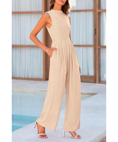 Womens Summer Jumpsuits Dressy Casual One Piece Outfits Sleeveless Mock Neck Wide Leg Pants Rompers with Pockets Beige $22.00...