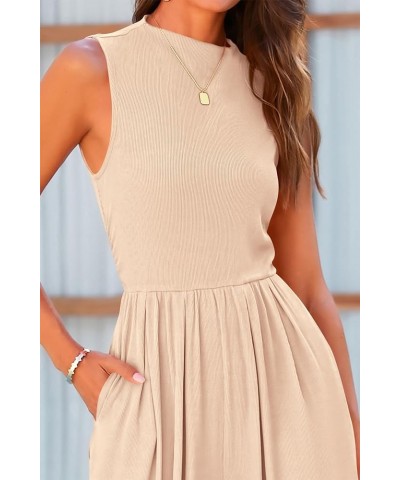 Womens Summer Jumpsuits Dressy Casual One Piece Outfits Sleeveless Mock Neck Wide Leg Pants Rompers with Pockets Beige $22.00...