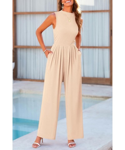 Womens Summer Jumpsuits Dressy Casual One Piece Outfits Sleeveless Mock Neck Wide Leg Pants Rompers with Pockets Beige $22.00...