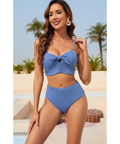 Women Keyhole High Waisted Bikini Set Knot Front Swimsuit Spaghetti Straps Two Pieces Tankini Bathing Suit Cornflower Blue $2...