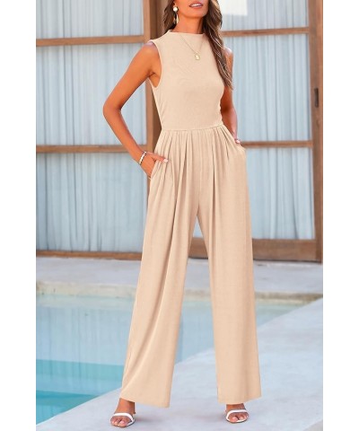 Womens Summer Jumpsuits Dressy Casual One Piece Outfits Sleeveless Mock Neck Wide Leg Pants Rompers with Pockets Beige $22.00...