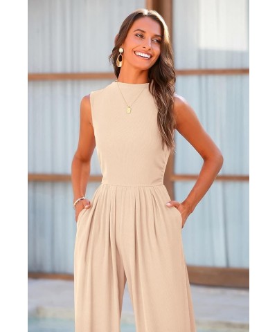 Womens Summer Jumpsuits Dressy Casual One Piece Outfits Sleeveless Mock Neck Wide Leg Pants Rompers with Pockets Beige $22.00...