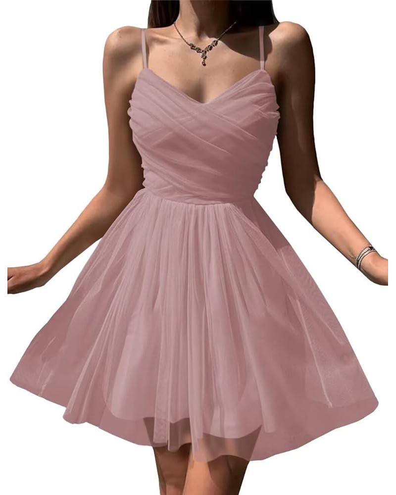 Tulle Homecoming Dresses for Teens Spaghetti Straps Short Mini Prom Party Cocktail Gowns Dusty Rose $32.99 Dresses