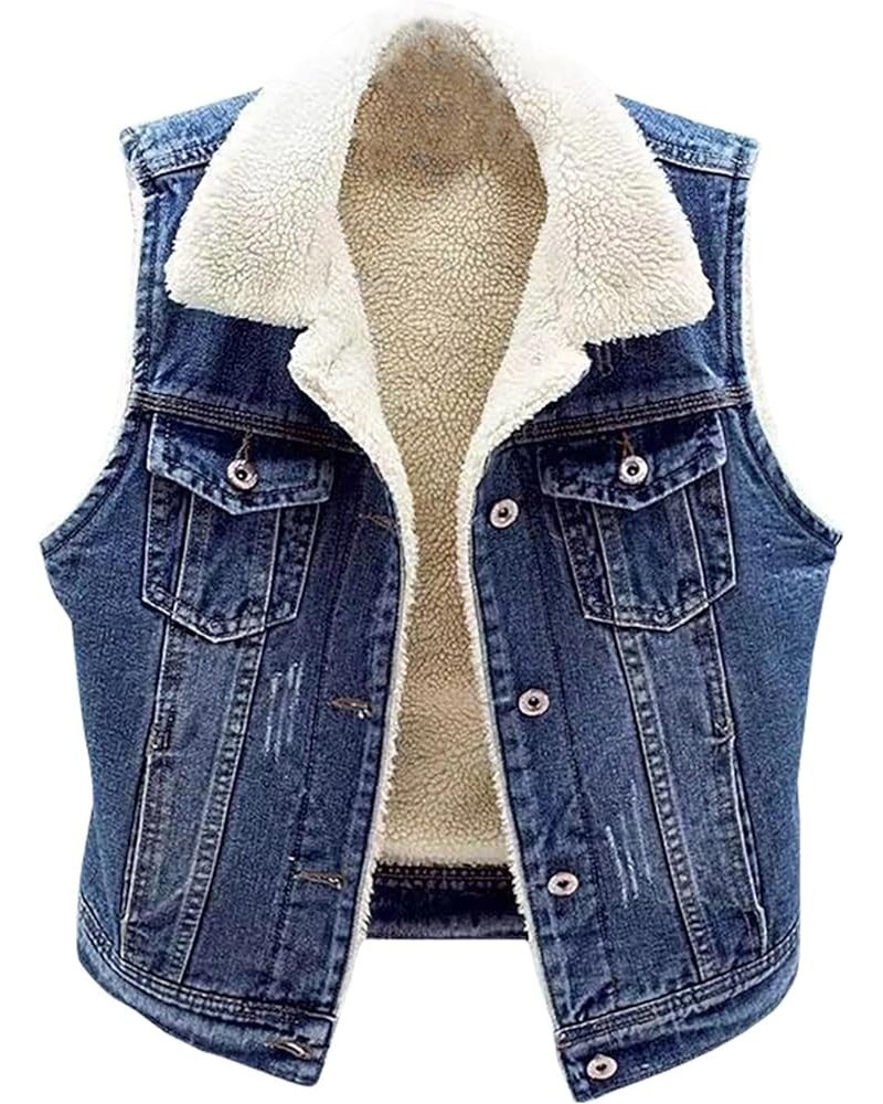 Fleece Lined Denim Vest for Women Winter Fuzzy Sherpa Sleeveless Jackets Button Down Casual Trucker Coats Dark Blue $13.80 Vests