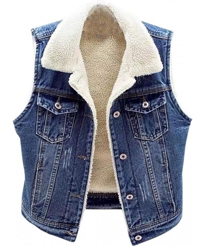 Fleece Lined Denim Vest for Women Winter Fuzzy Sherpa Sleeveless Jackets Button Down Casual Trucker Coats Dark Blue $13.80 Vests