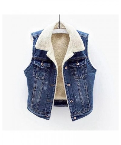 Fleece Lined Denim Vest for Women Winter Fuzzy Sherpa Sleeveless Jackets Button Down Casual Trucker Coats Dark Blue $13.80 Vests