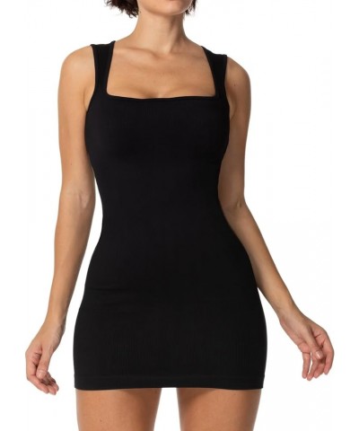 Women's Sexy Square Neck Dress Ribbed Sleeveless Cute Tank Top Party Club Seamless Bodycon Short Mini Casual Dresses Black $1...