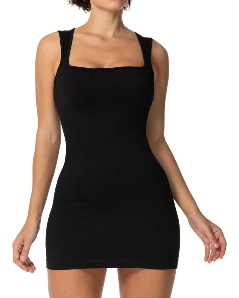 Women's Sexy Square Neck Dress Ribbed Sleeveless Cute Tank Top Party Club Seamless Bodycon Short Mini Casual Dresses Black $1...