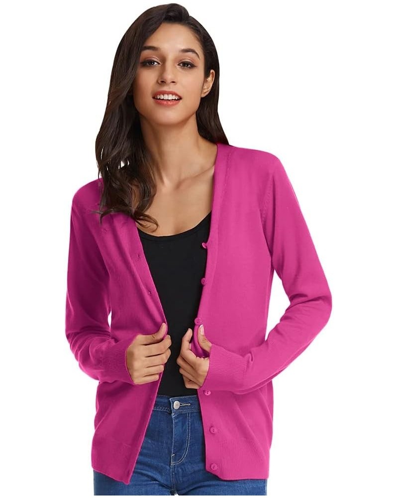 Women's Long Sleeve Button Down Sweater Classic V-Neck Knit Cardigan Magenta $15.51 Sweaters