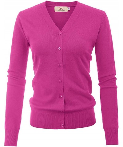 Women's Long Sleeve Button Down Sweater Classic V-Neck Knit Cardigan Magenta $15.51 Sweaters