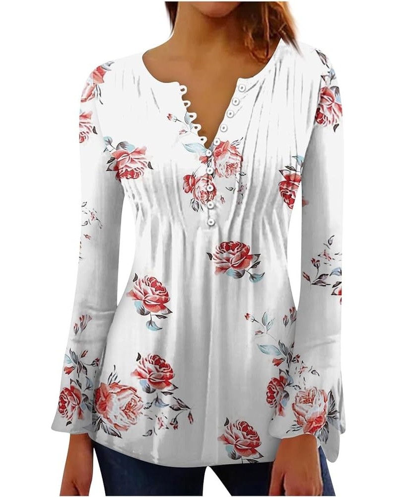 Womens Sweatshirt,Womens Swing Vintage Print Henley V Neck Shirts Pleated Button Down Casual Tunic Tops 5-white $9.35 Sets