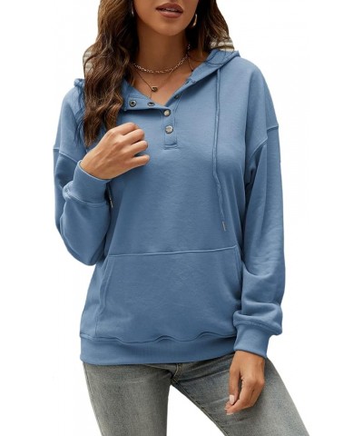 Women's Casual Hooded Drawstring Long Sleeve Button Down Hoodies Lightweight Pullover Sweatshirt Tops with Pockets Blue $19.4...