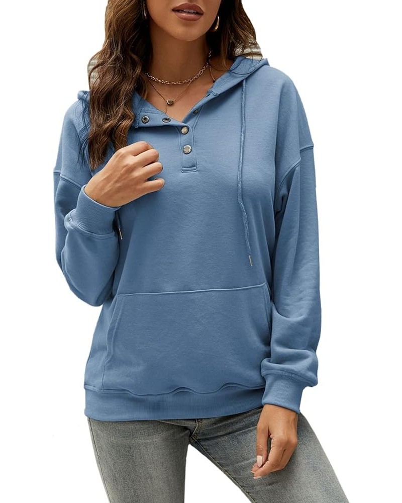 Women's Casual Hooded Drawstring Long Sleeve Button Down Hoodies Lightweight Pullover Sweatshirt Tops with Pockets Blue $19.4...