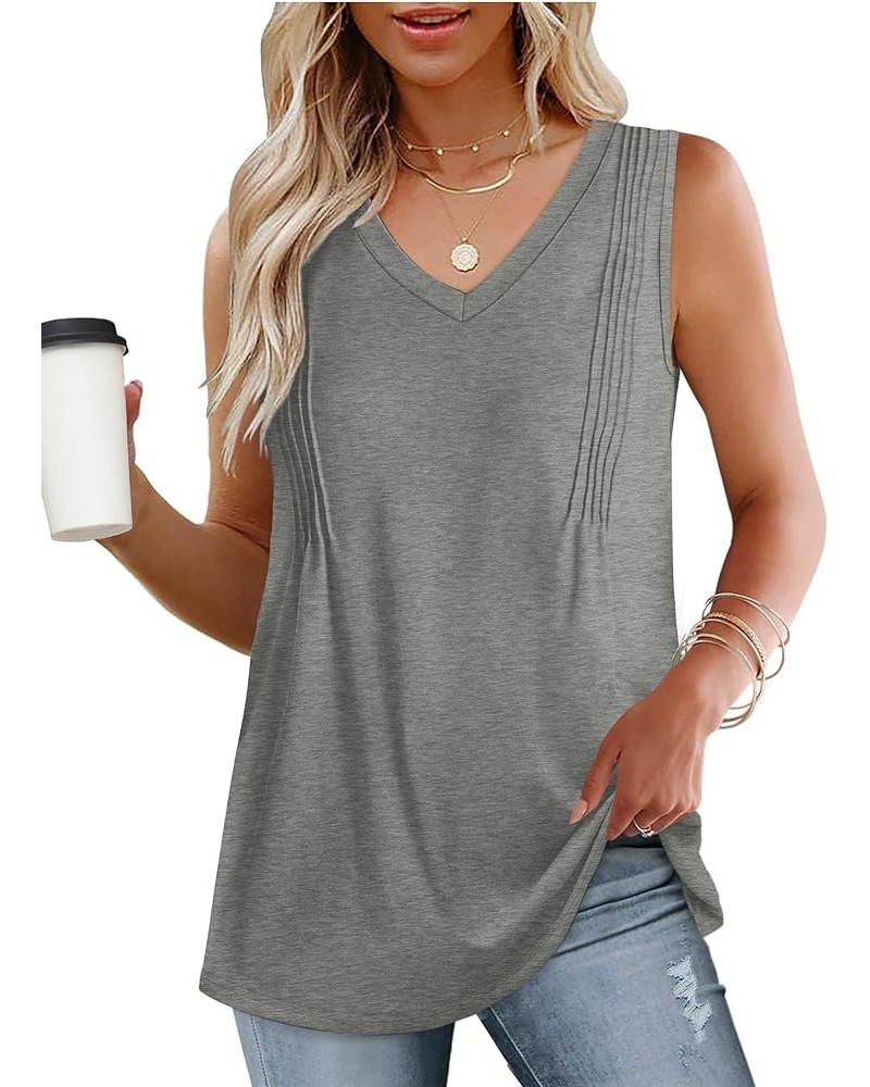 Summer Pleated Tank Tops for Women 2024 Loose Fit V Neck Sleeveless Tops Flowy E-grey $10.61 Tanks