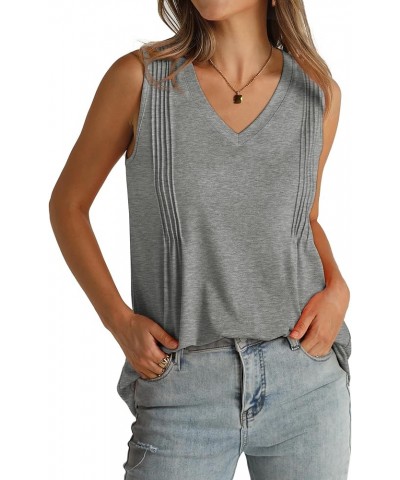 Summer Pleated Tank Tops for Women 2024 Loose Fit V Neck Sleeveless Tops Flowy E-grey $10.61 Tanks