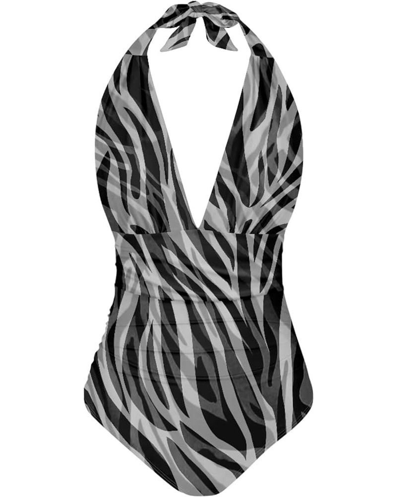 Swimsuits for Women One Piece Tummy Control V-Neck Halter High Cut Bathing Suits Vacation Swimwear Zebra Stripe $15.19 Swimsuits