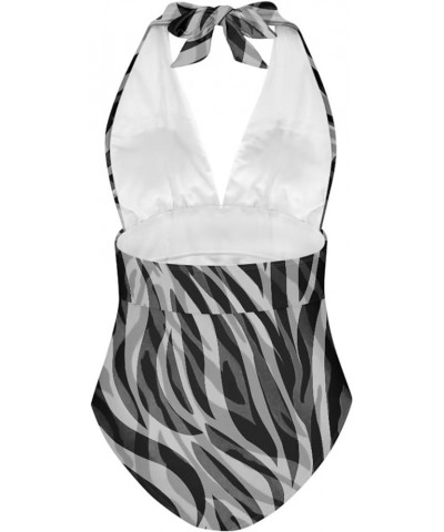 Swimsuits for Women One Piece Tummy Control V-Neck Halter High Cut Bathing Suits Vacation Swimwear Zebra Stripe $15.19 Swimsuits