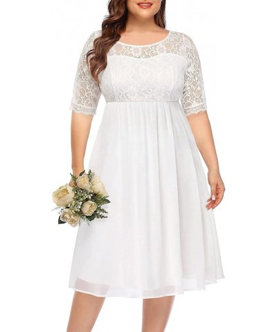 Plus Size Lace Chiffon Wedding Guest Dresses Women Cocktail Party Midi Dress Half Sleeve White $21.73 Dresses