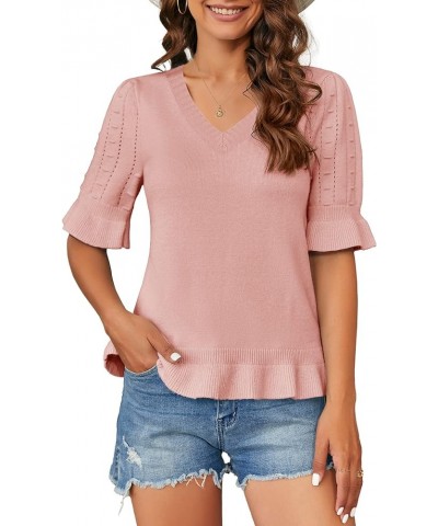 Womens Spring Ruffle Short Sleeve Pullover Sweaters Shirt Circular Flounce Crew Neck Dot Tops Soft Knit Sweater Z-v Neck-pink...