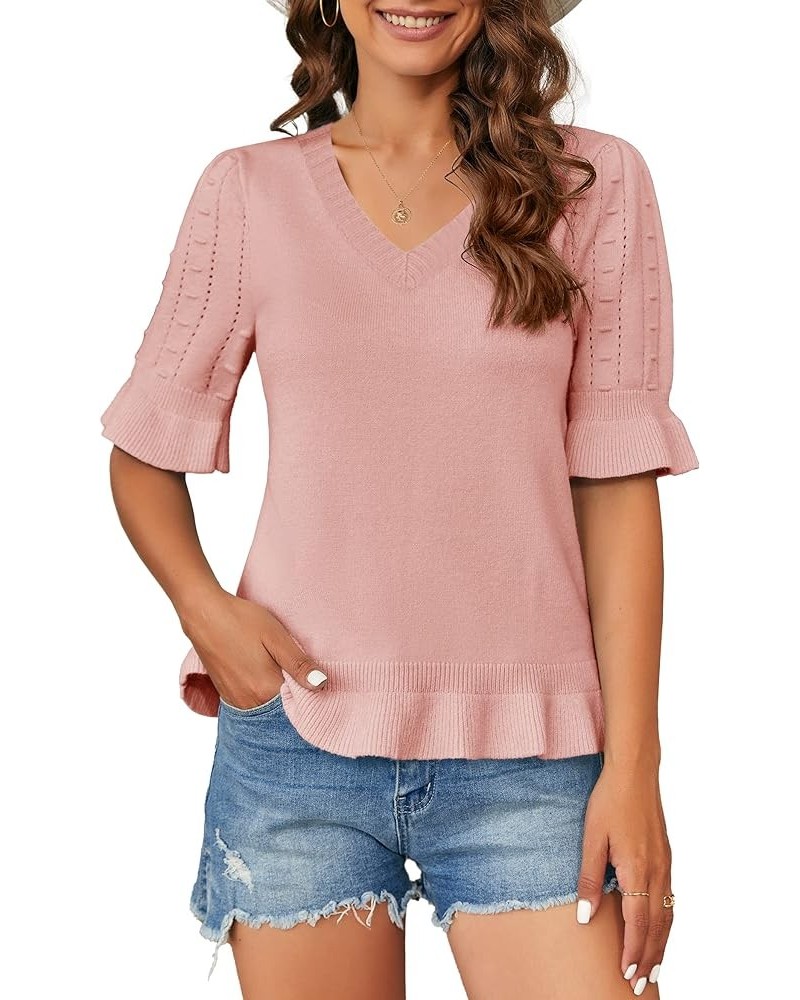 Womens Spring Ruffle Short Sleeve Pullover Sweaters Shirt Circular Flounce Crew Neck Dot Tops Soft Knit Sweater Z-v Neck-pink...