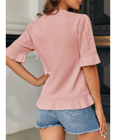 Womens Spring Ruffle Short Sleeve Pullover Sweaters Shirt Circular Flounce Crew Neck Dot Tops Soft Knit Sweater Z-v Neck-pink...