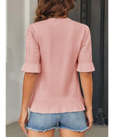 Womens Spring Ruffle Short Sleeve Pullover Sweaters Shirt Circular Flounce Crew Neck Dot Tops Soft Knit Sweater Z-v Neck-pink...