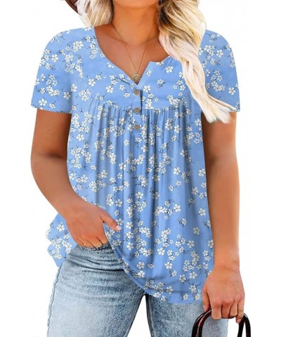 Womens-Plus-Size-Tops-Summer Buttons Up Henley Shirts V Neck Blouses Flowy Pleated Tunics Tee 08_fl031 $17.66 Tops