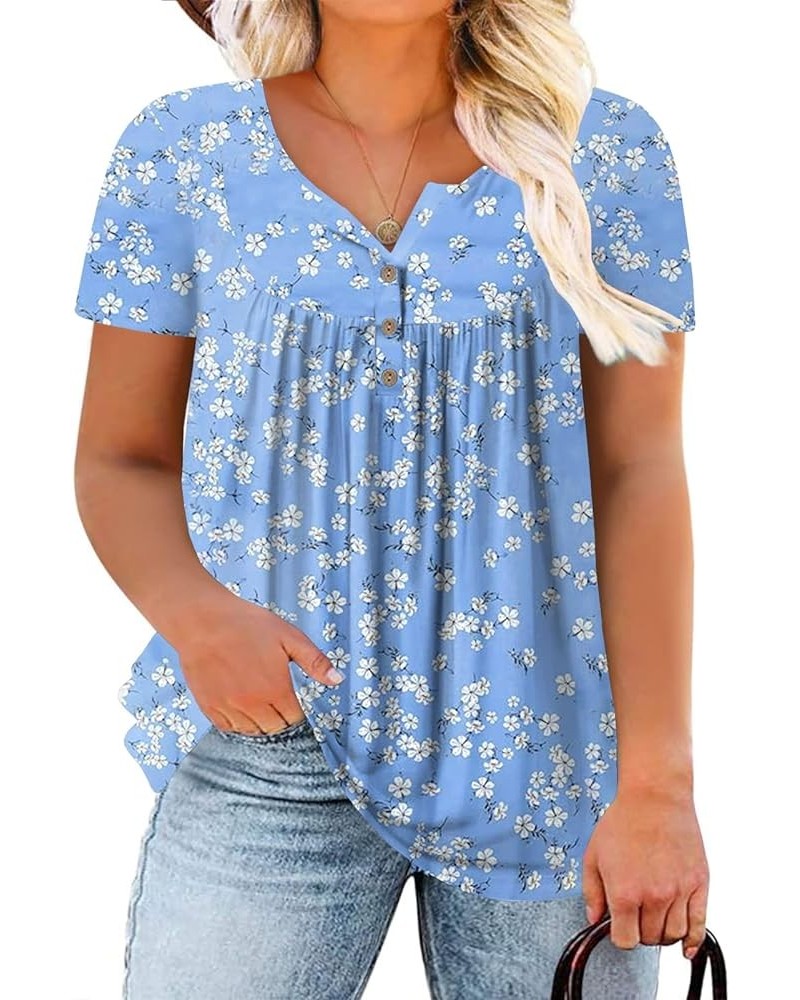 Womens-Plus-Size-Tops-Summer Buttons Up Henley Shirts V Neck Blouses Flowy Pleated Tunics Tee 08_fl031 $17.66 Tops