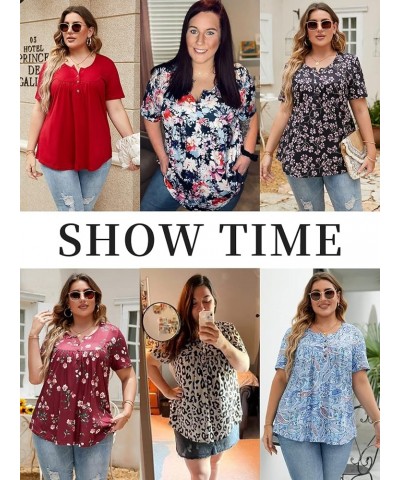 Womens-Plus-Size-Tops-Summer Buttons Up Henley Shirts V Neck Blouses Flowy Pleated Tunics Tee 08_fl031 $17.66 Tops