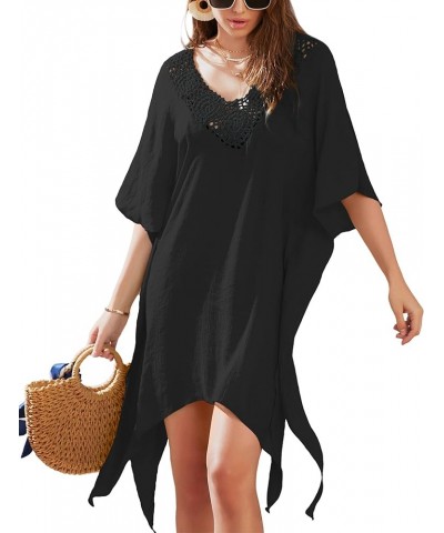 Womens V Ncek Crochet Beach Bathing Suit Swim Bikini Swimsuit Oversized Cover Up Dresses Black $8.24 Swimsuits