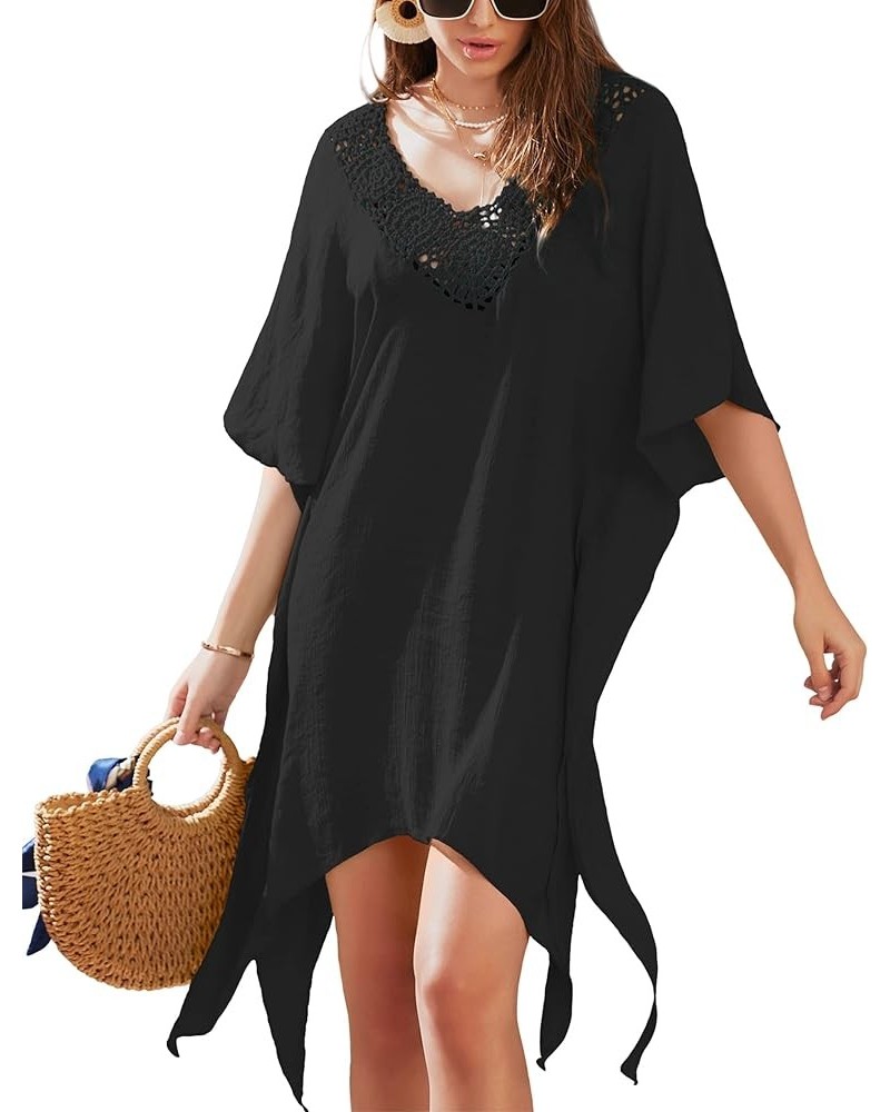 Womens V Ncek Crochet Beach Bathing Suit Swim Bikini Swimsuit Oversized Cover Up Dresses Black $8.24 Swimsuits