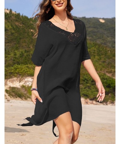 Womens V Ncek Crochet Beach Bathing Suit Swim Bikini Swimsuit Oversized Cover Up Dresses Black $8.24 Swimsuits