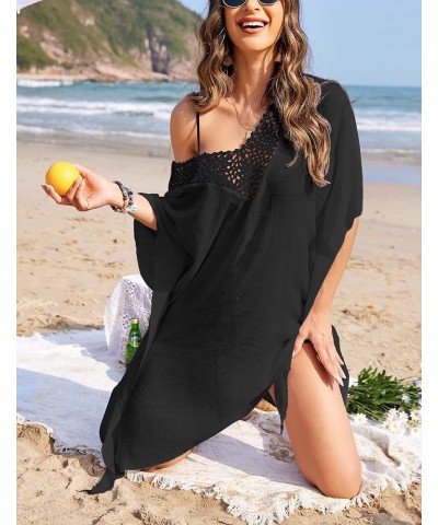 Womens V Ncek Crochet Beach Bathing Suit Swim Bikini Swimsuit Oversized Cover Up Dresses Black $8.24 Swimsuits