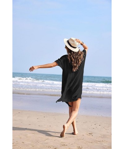 Womens V Ncek Crochet Beach Bathing Suit Swim Bikini Swimsuit Oversized Cover Up Dresses Black $8.24 Swimsuits