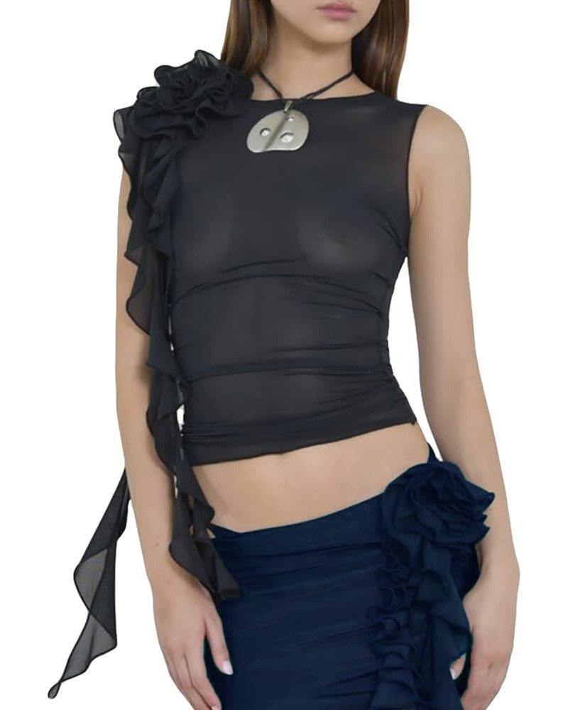 Trendy Tank Top for Women Y2K 3D Floral Tassels Ruffle Crop Top Party Clubwear Slim Fit Sexy Cami Top See Through Black $7.94...