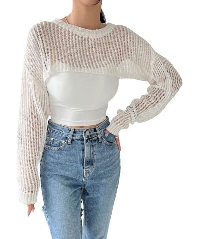 Women's Knitted Long Sleeve Super Crop Sweater Round Neck Drop Shoulder Pullover Top White $13.49 Sweaters