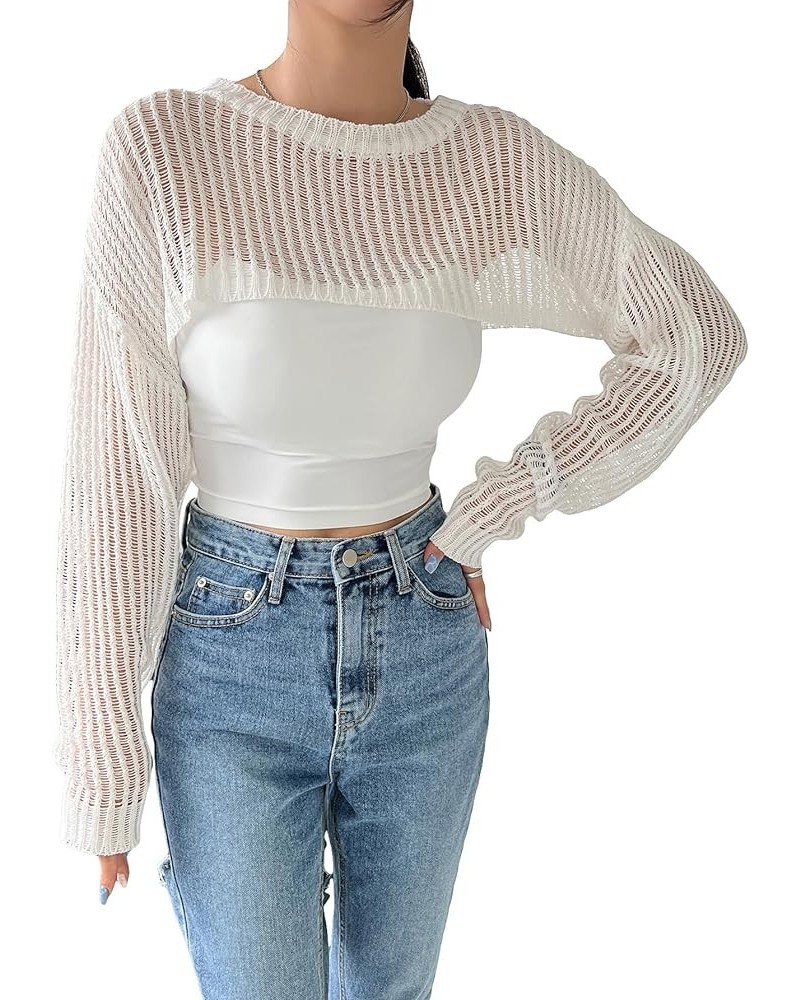 Women's Knitted Long Sleeve Super Crop Sweater Round Neck Drop Shoulder Pullover Top White $13.49 Sweaters