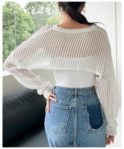 Women's Knitted Long Sleeve Super Crop Sweater Round Neck Drop Shoulder Pullover Top White $13.49 Sweaters