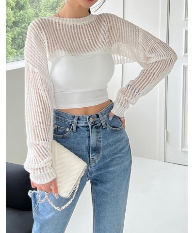 Women's Knitted Long Sleeve Super Crop Sweater Round Neck Drop Shoulder Pullover Top White $13.49 Sweaters