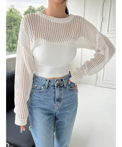 Women's Knitted Long Sleeve Super Crop Sweater Round Neck Drop Shoulder Pullover Top White $13.49 Sweaters