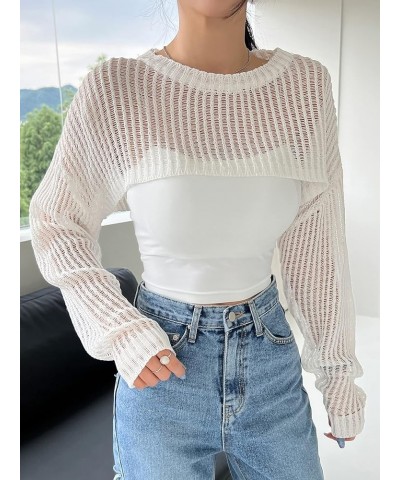 Women's Knitted Long Sleeve Super Crop Sweater Round Neck Drop Shoulder Pullover Top White $13.49 Sweaters