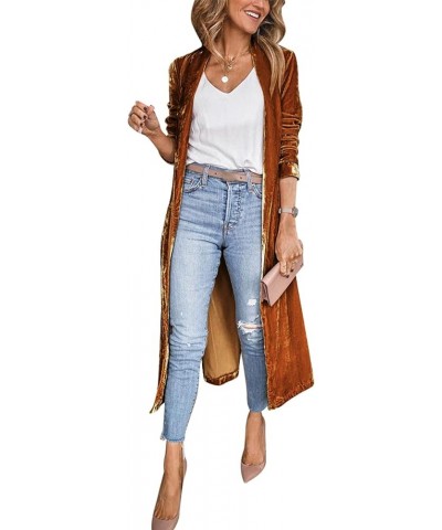 Women's Long Velvet Cardigan Jacket Open Front Lapel Velvet Cardigan Outwear with Lining 02 Brown $22.00 Sweaters