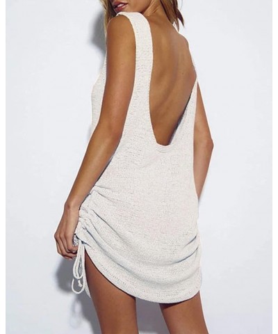 Womens Crochet Cover Up Scoop Neck Beach Tank Dress Sexy Backless Swim Cover Ups Beige $18.55 Swimsuits