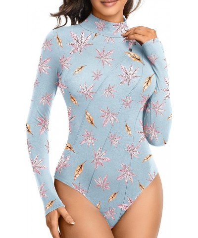 Women's Leotard Basic Tops Bodysuit Jumpsuits Turtleneck Light Blue-maple Leaf $10.32 Bodysuits