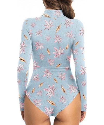 Women's Leotard Basic Tops Bodysuit Jumpsuits Turtleneck Light Blue-maple Leaf $10.32 Bodysuits