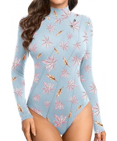 Women's Leotard Basic Tops Bodysuit Jumpsuits Turtleneck Light Blue-maple Leaf $10.32 Bodysuits