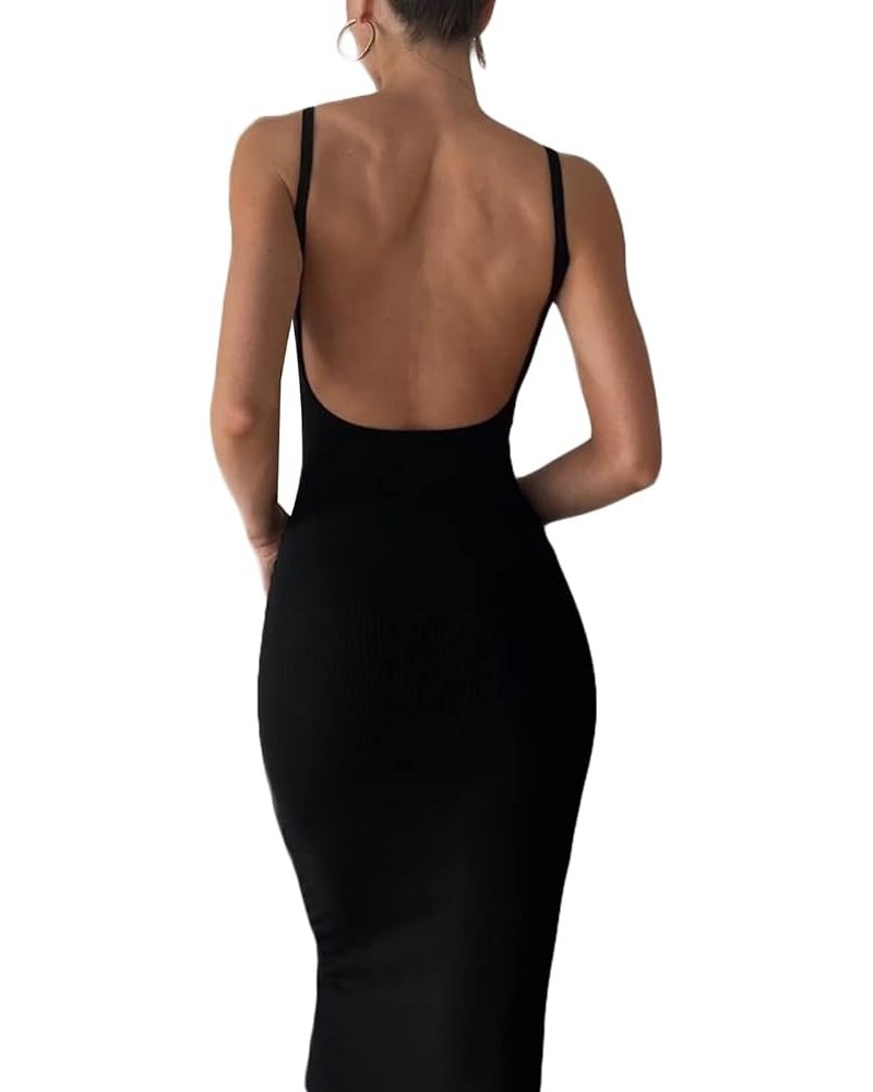 Y2k Maxi Bodycon Dress Women Sexy Spaghetti Strap Sleeveless Slim Fitted Slip Long Basic Going Out Cami Dupes Dress Black Bac...