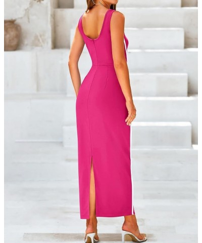 Women Maxi Bodycon Dresses Square Neck Sleeveless Contrast Binding Split Cocktail Party Club Tank Long Dress 2024 Solid Rose ...