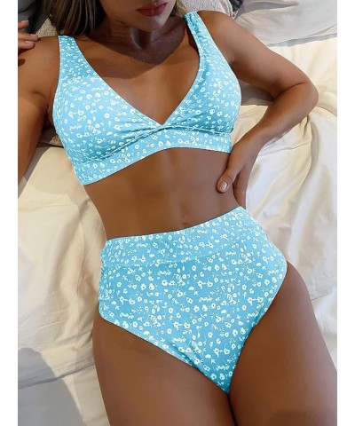 Women's High Waist Bikini Swimsuit Floral Print V Neck Bathing Suit Mint Blue Floral $17.04 Swimsuits